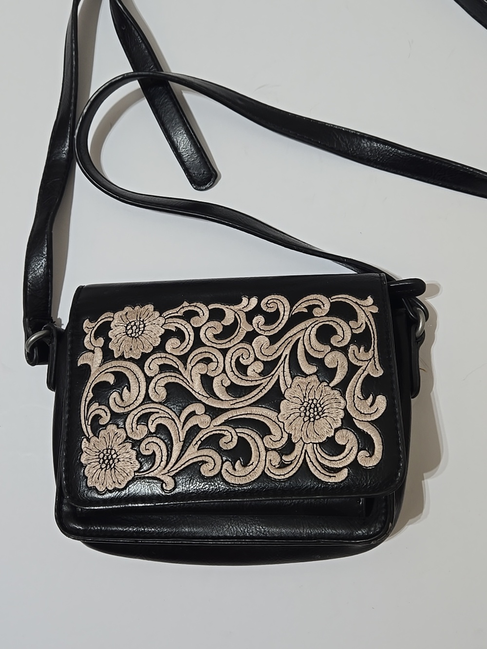 American West Bandana Black Crossbody Bag with Cream Floral Embroidery